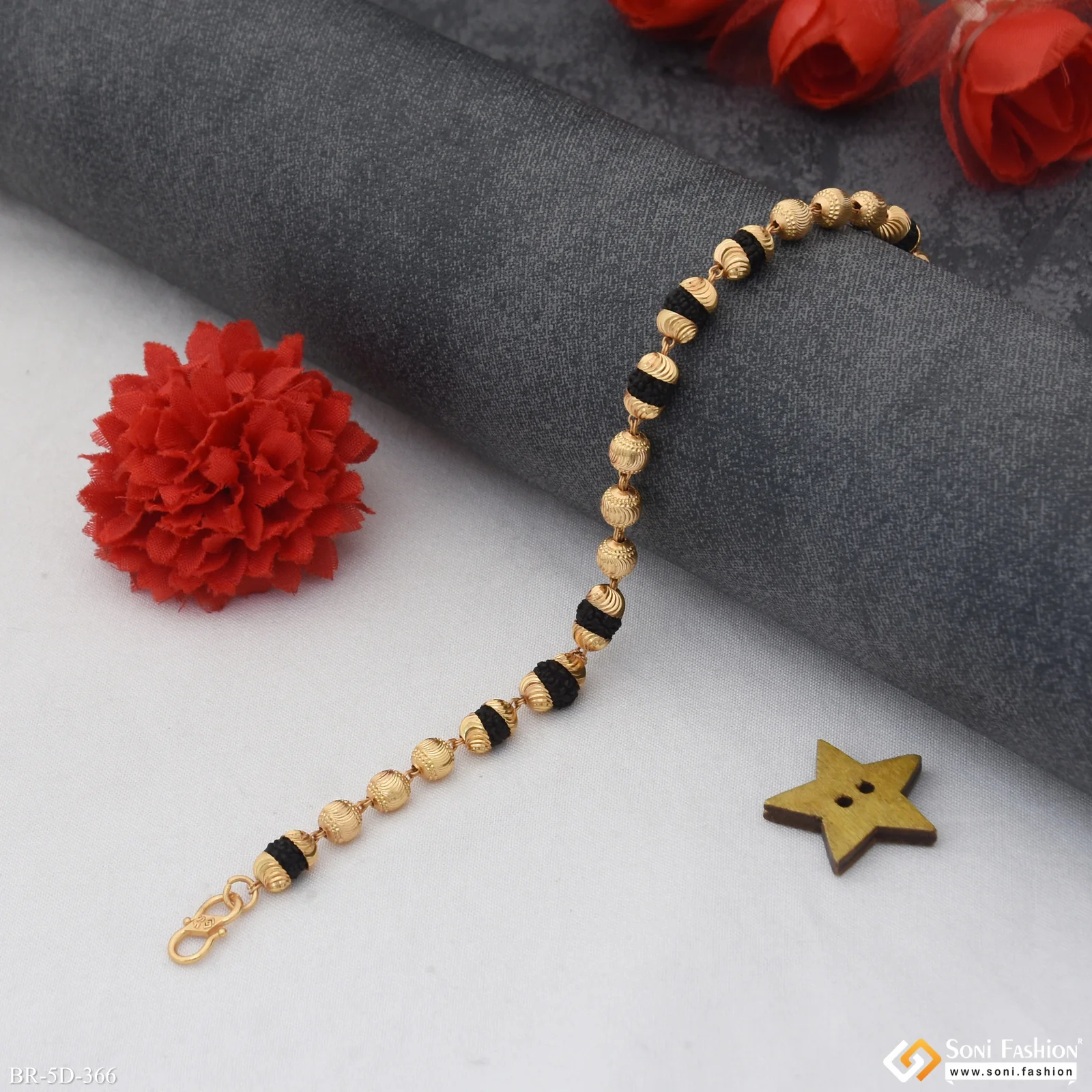 Excellent Design Gold Plated Rudraksha Bracelet for Men - Style D366 - Image 2