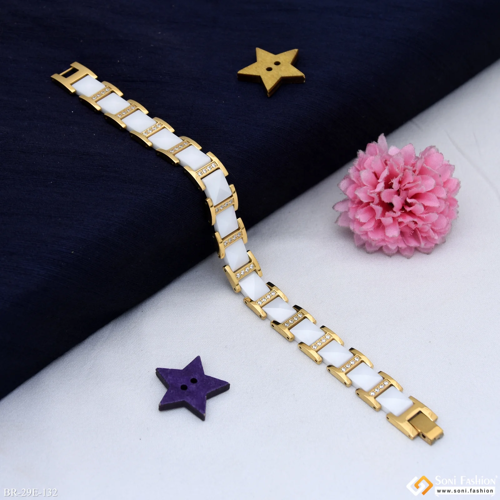 Fabulous Design White & Golden Color Ceramic Bracelet for Men - Style E132 - Image 3