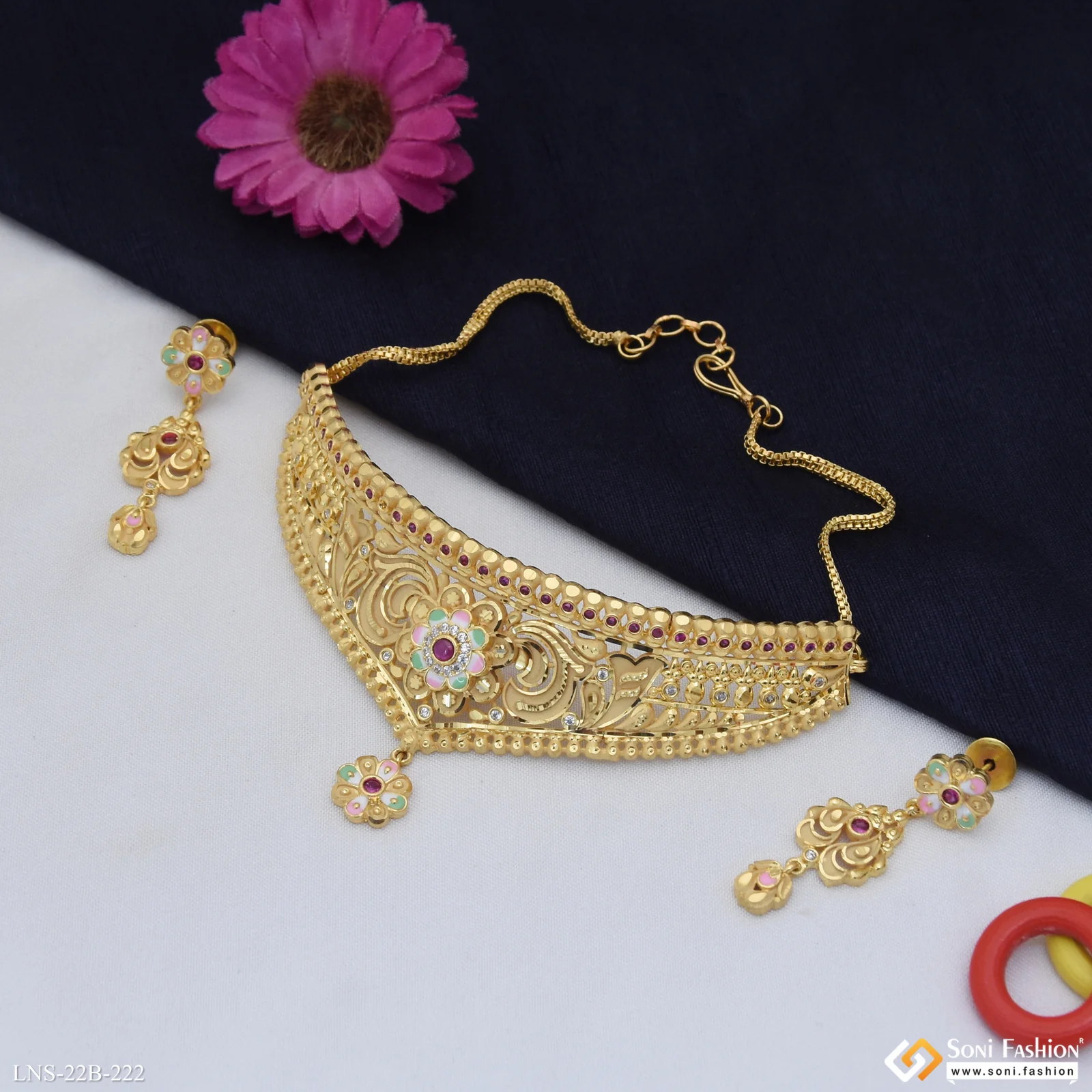 Fancy Design Gold Plated Choker Necklace Set for Ladies - Style B222 - Image 3