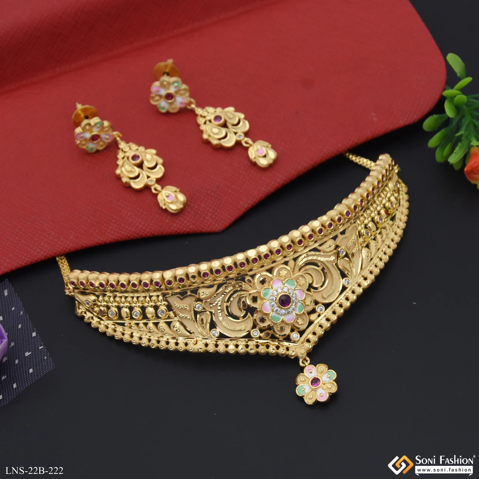 Fancy Design Gold Plated Choker Necklace Set for Ladies - Style B222 - Image 4
