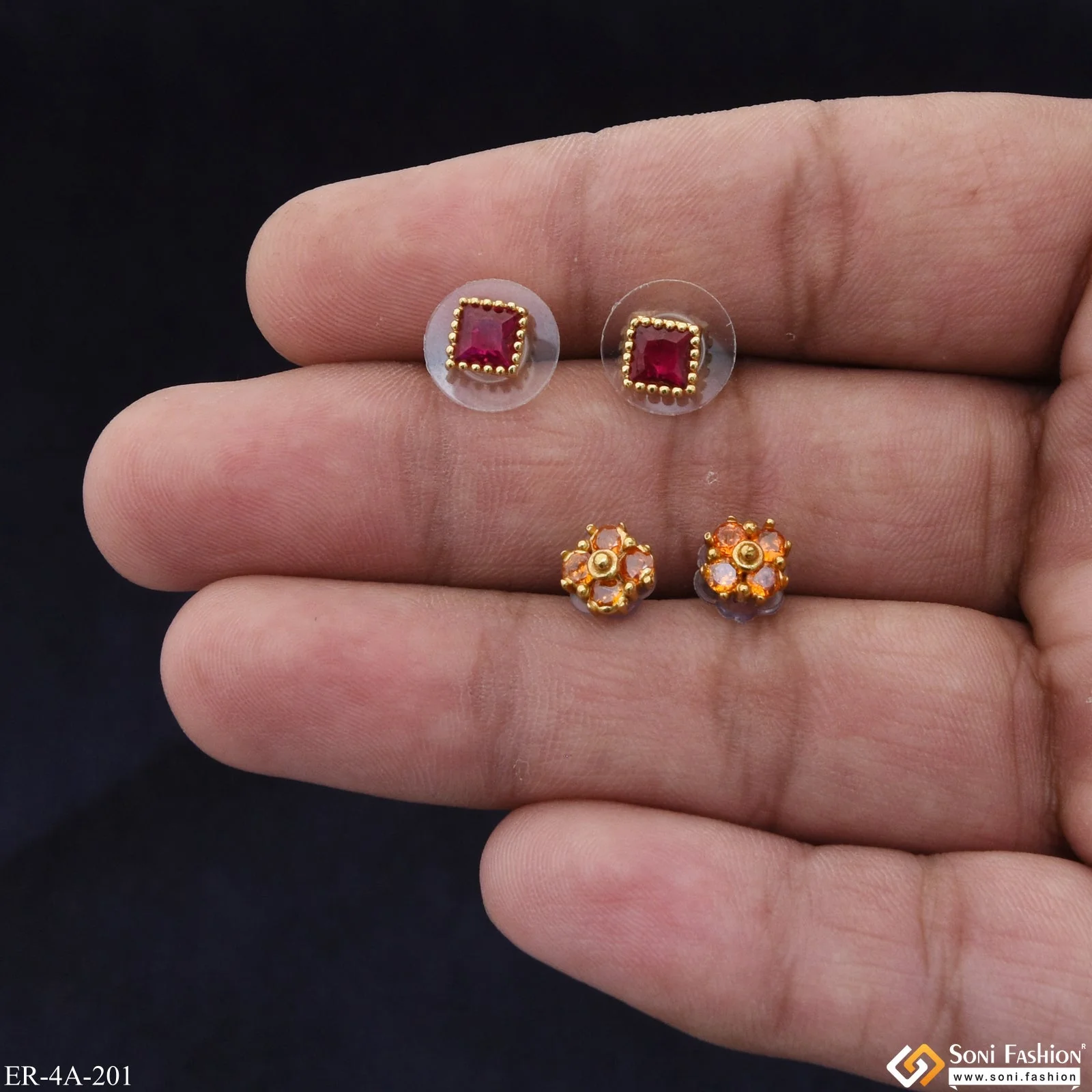 Fancy Design Gold Plated Two Stud Earrings Set for Ladies - Style A201 - Image 2