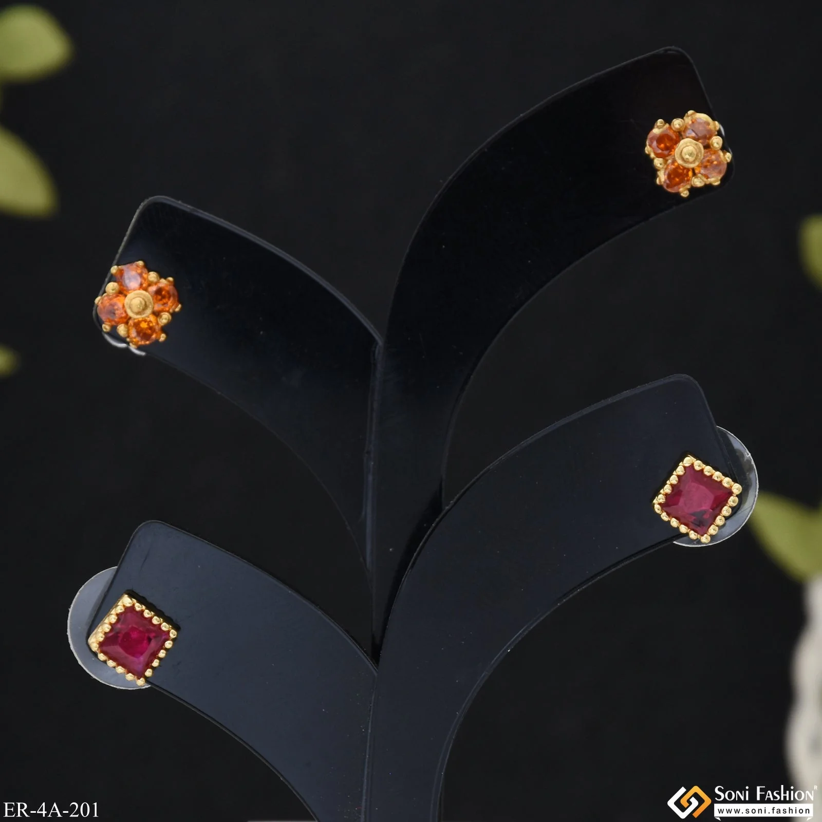Fancy Design Gold Plated Two Stud Earrings Set for Ladies - Style A201 - Image 3