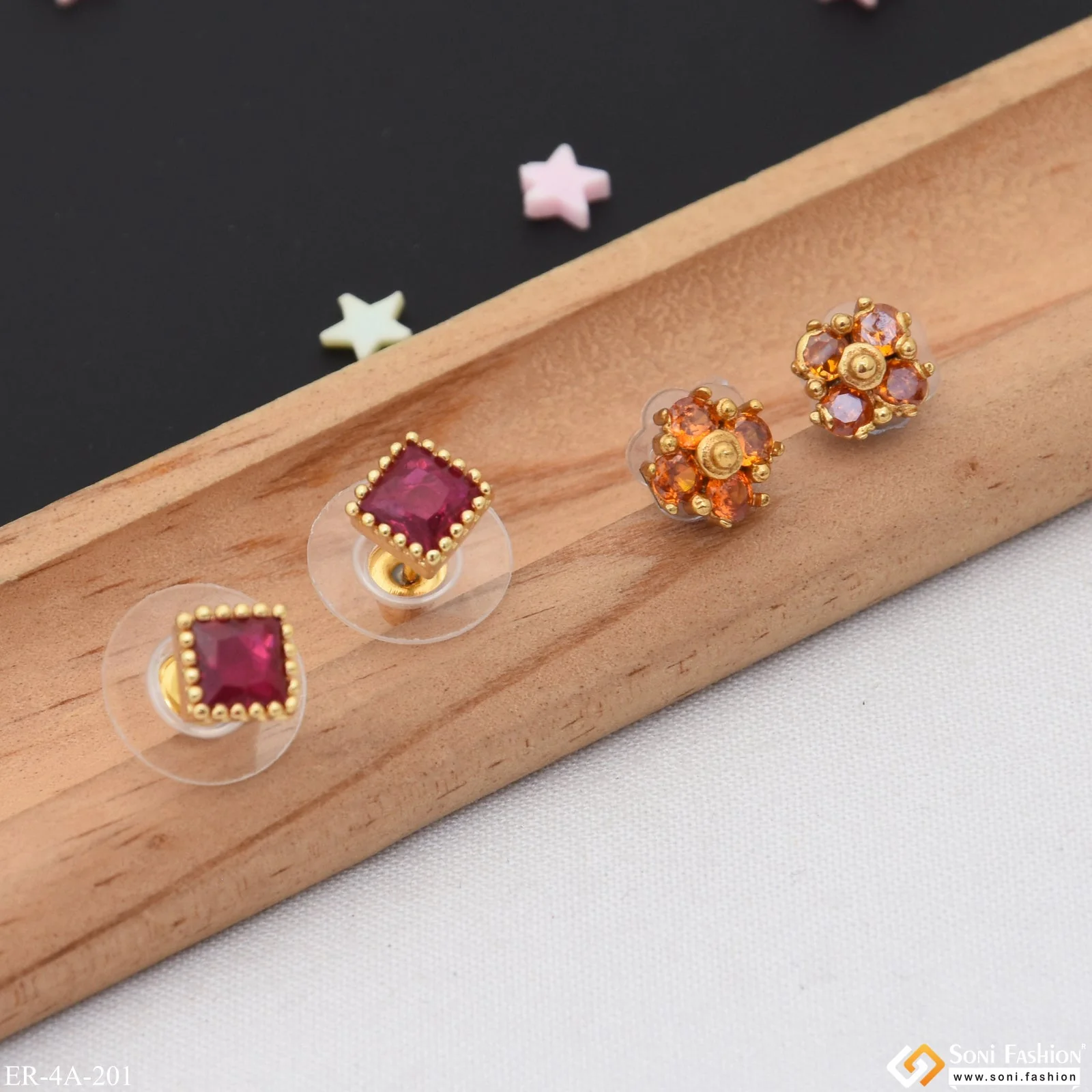 Fancy Design Gold Plated Two Stud Earrings Set for Ladies - Style A201 - Image 4