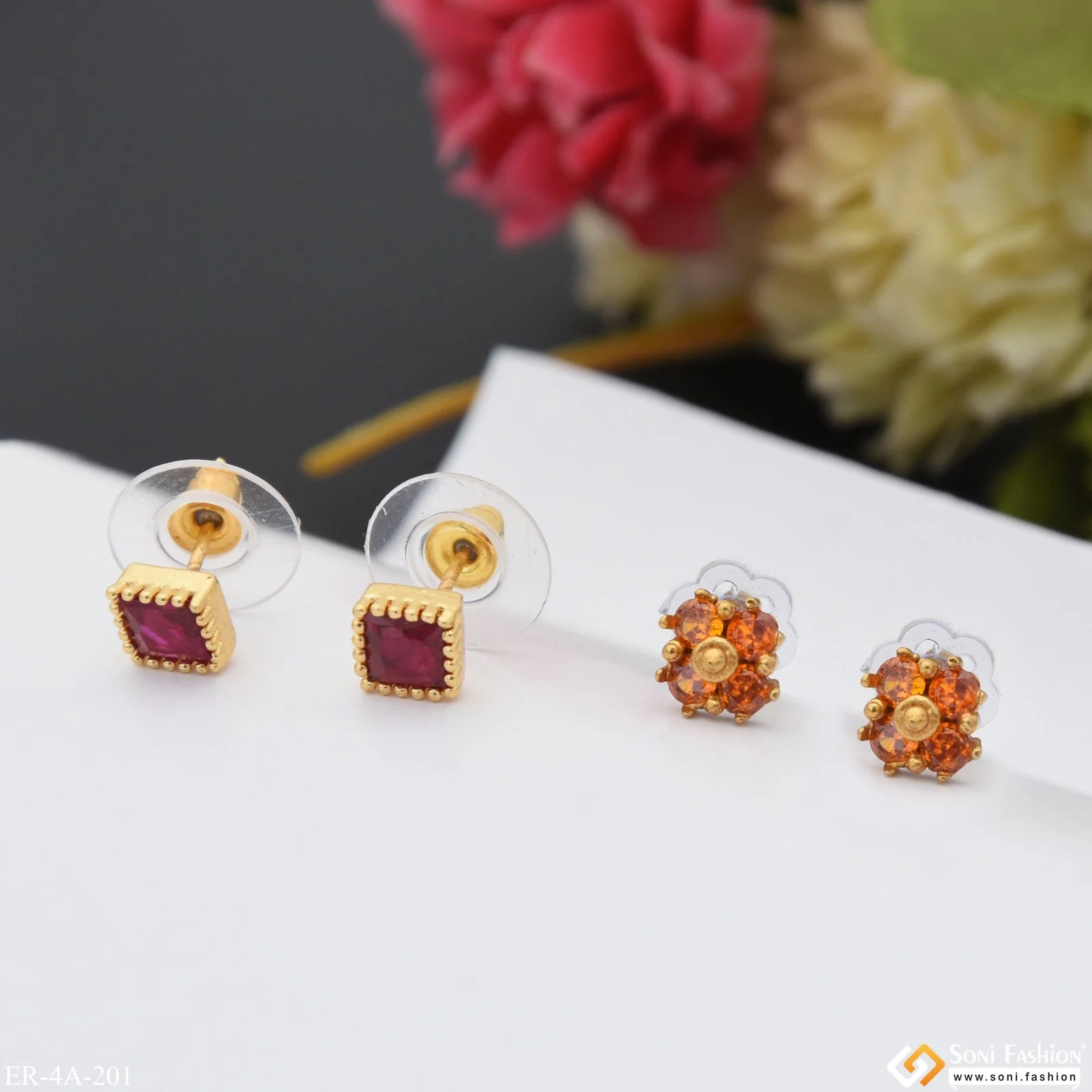 Fancy Design Gold Plated Two Stud Earrings Set for Ladies - Style A201 - Image 5
