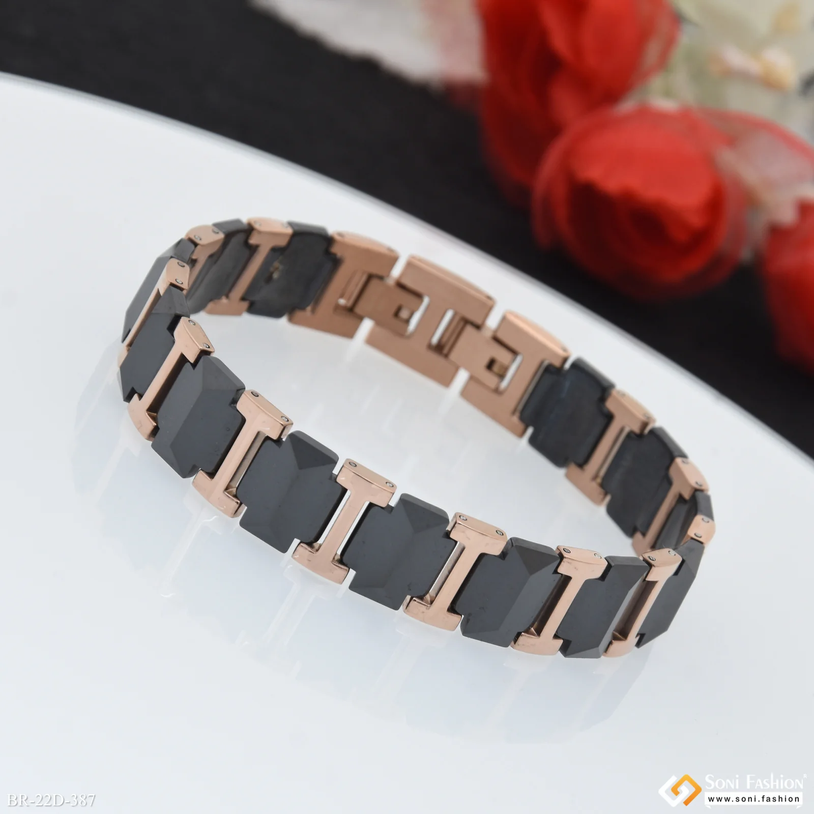 Fancy Design Rose Gold Color Ceramic & Steel Bracelet for Men - Style D387 - Image 3