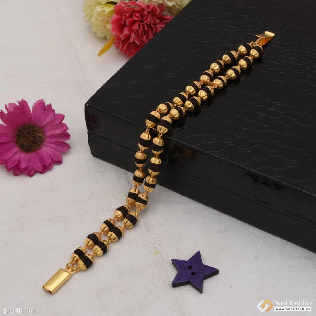 Finely Detailed Design 2 Line Gold Plated Rudraksha Bracelet for Men - Style B961 - Image 4