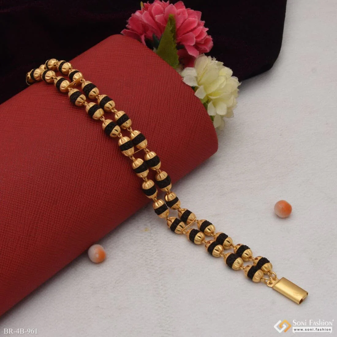 Finely Detailed Design 2 Line Gold Plated Rudraksha Bracelet for Men - Style B961 - Image 5