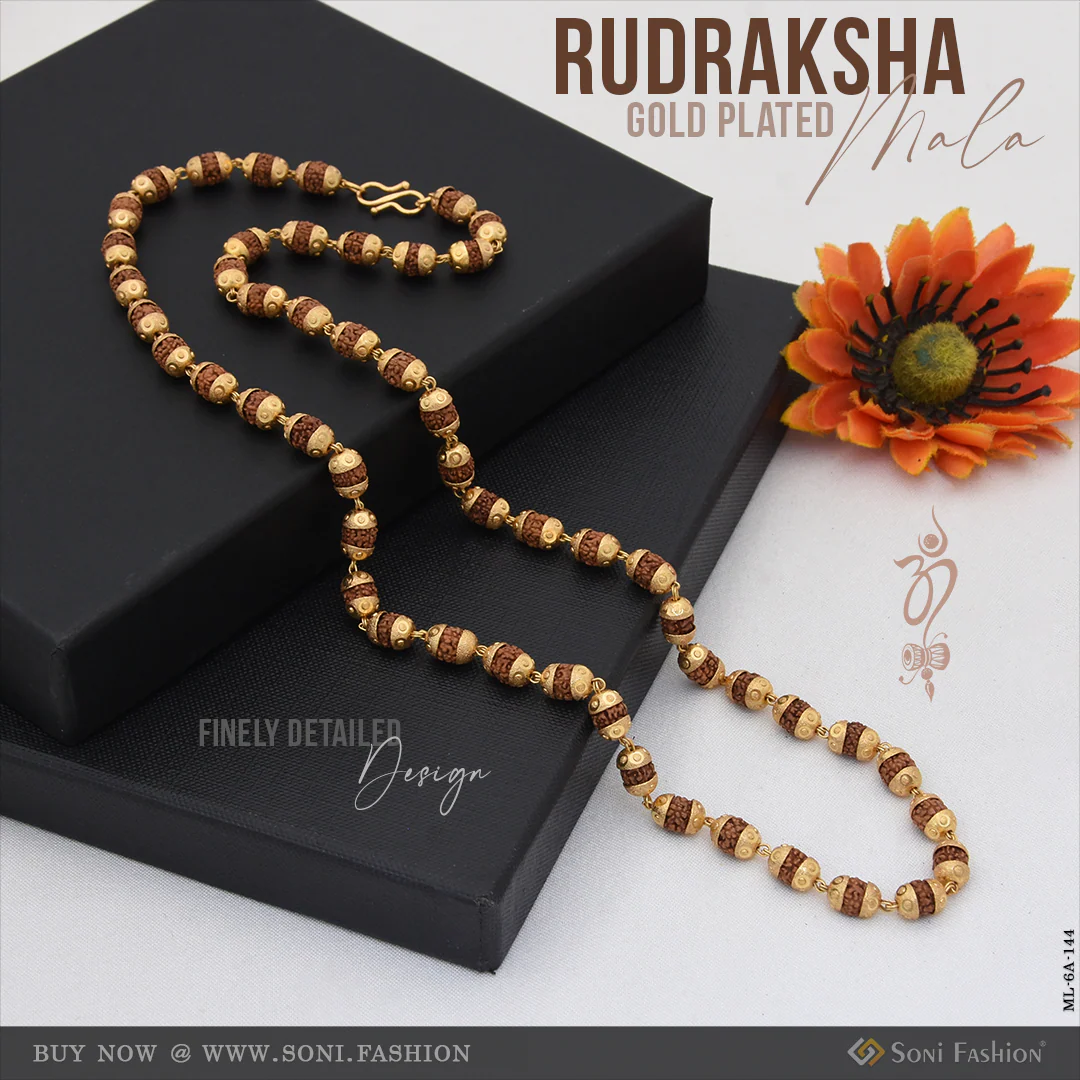 Finely Detailed Design Gold Plated Brown Rudraksha Mala for Men - Style A144