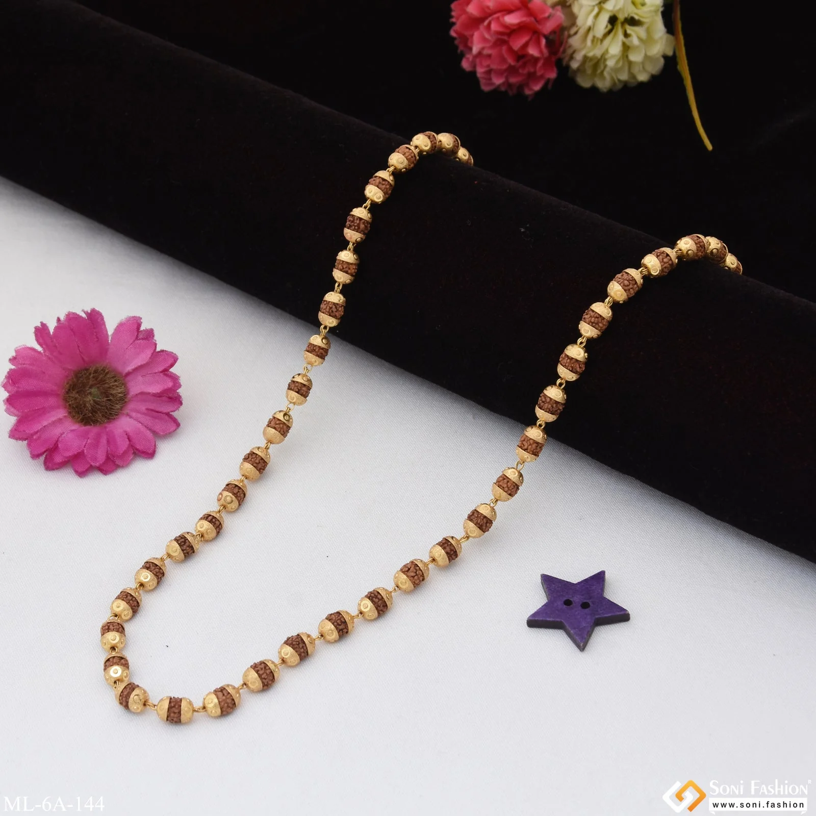 Finely Detailed Design Gold Plated Brown Rudraksha Mala for Men - Style A144 - Image 4