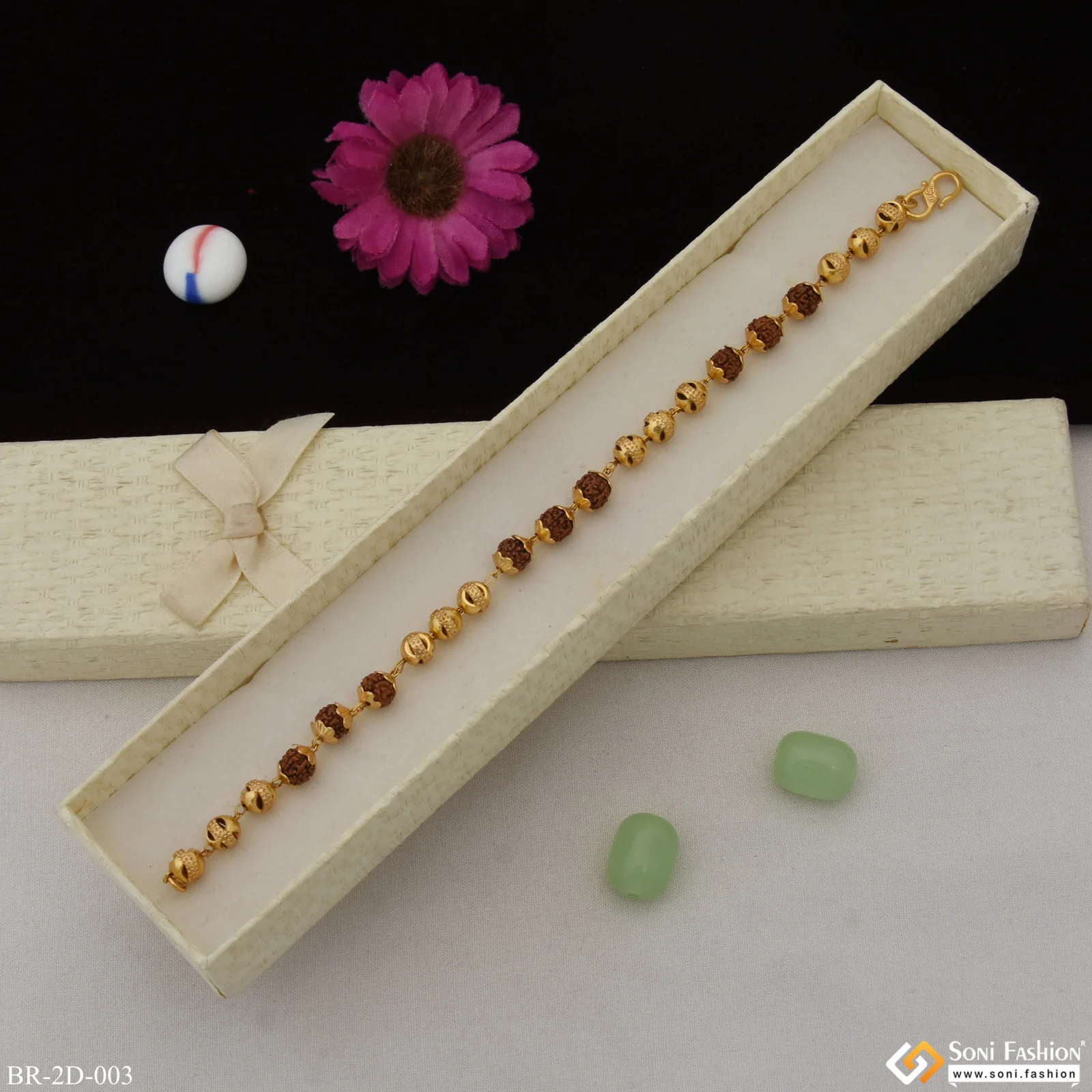 Finely Detailed Design Gold Plated Rudraksha Bracelet for Men - Style D003 - Image 2