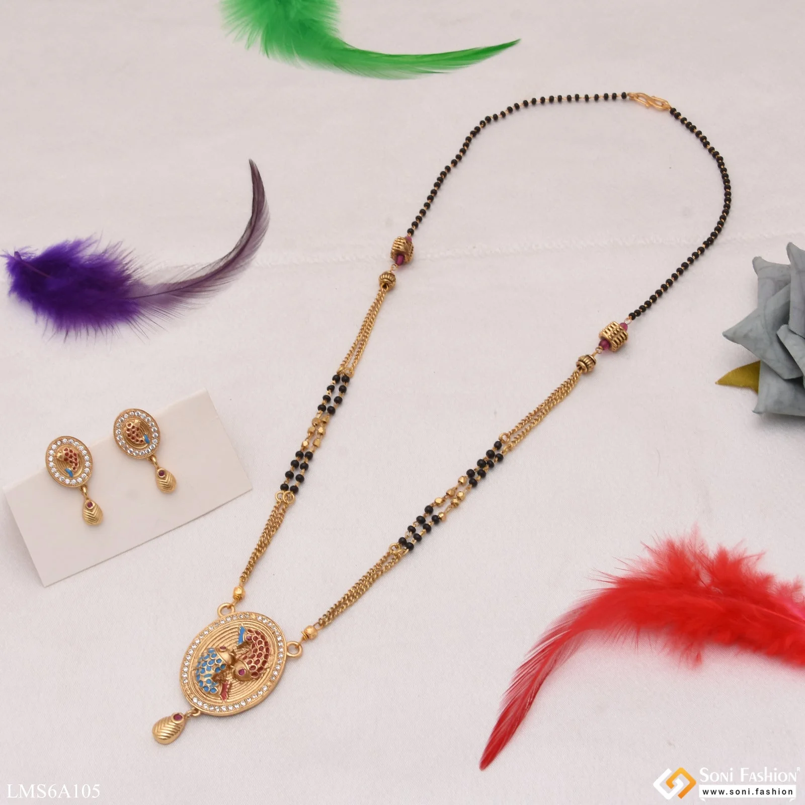 Fish In Round With Diamond Border Beautiful Design Gold Plated Mangalsutra Set - Style Lmsa105 - Image 3