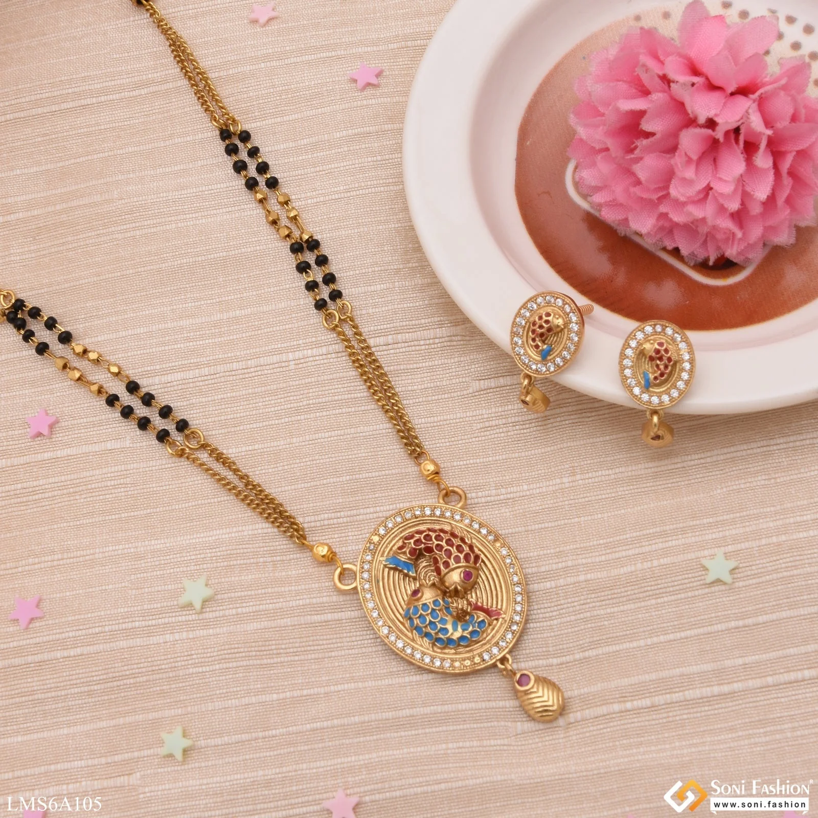Fish In Round With Diamond Border Beautiful Design Gold Plated Mangalsutra Set - Style Lmsa105 - Image 4