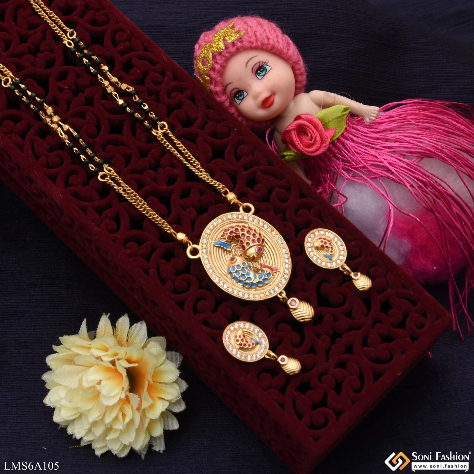 Fish In Round With Diamond Border Beautiful Design Gold Plated Mangalsutra Set - Style Lmsa105 - Image 5