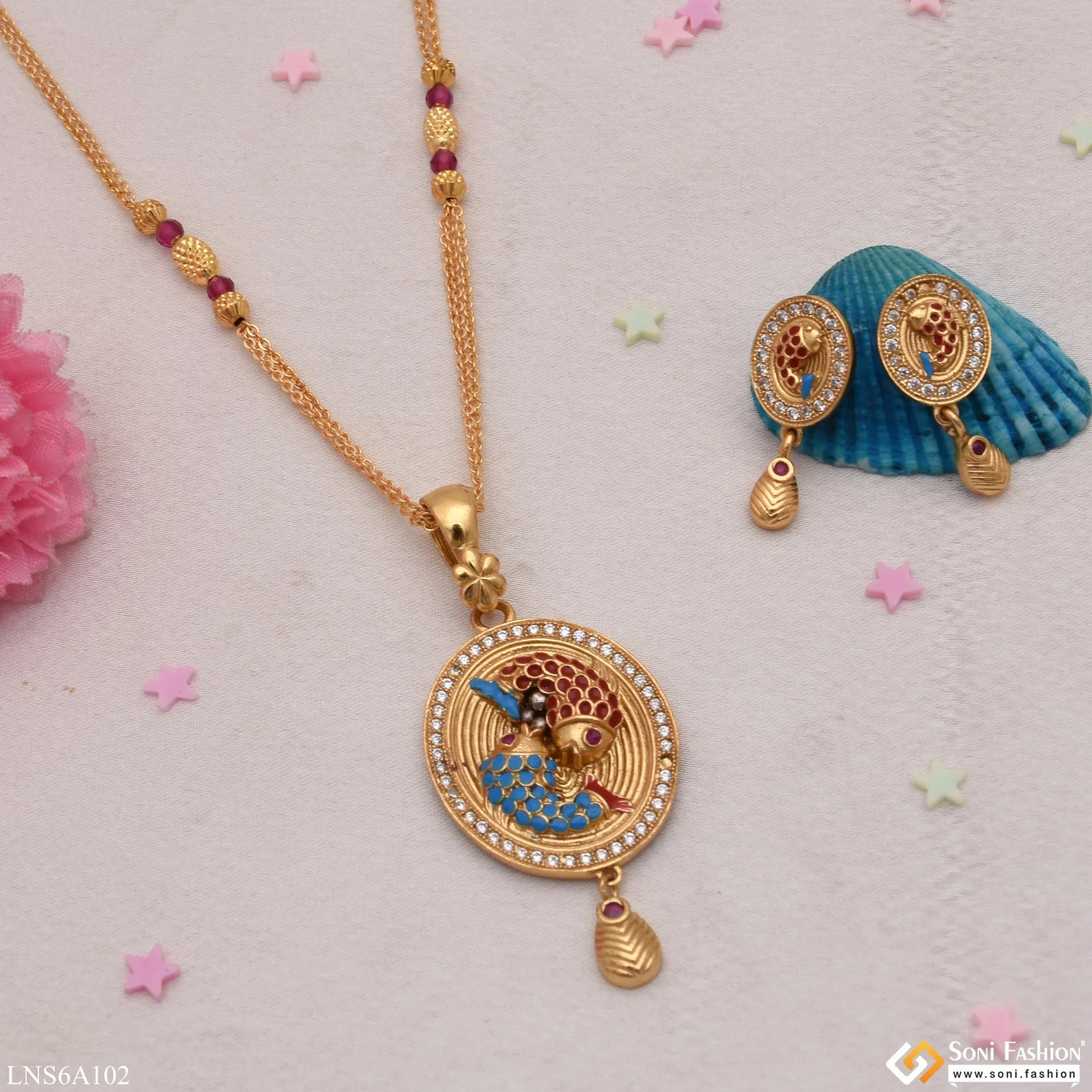 Fish with Diamond Glamorous Design Golden Color Necklace Set for Lady - Style LNSA102 - Image 4