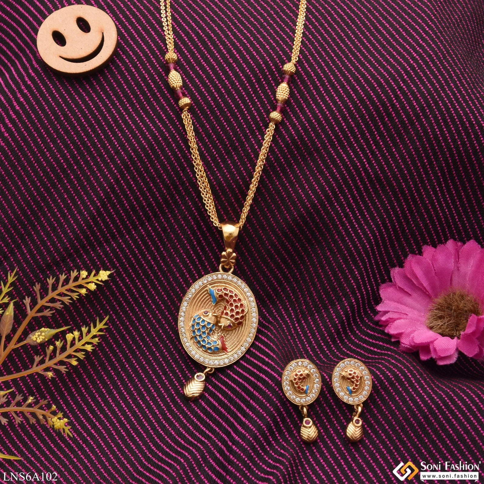 Fish with Diamond Glamorous Design Golden Color Necklace Set for Lady - Style LNSA102 - Image 5