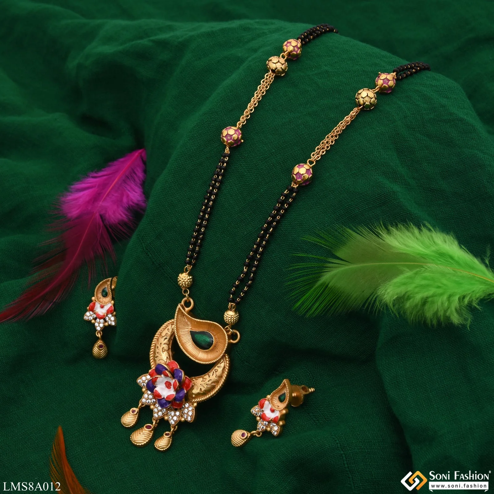 Flower With Diamond Gold Plated Mangalsutra Set For Women - Style Lmsa012 - Image 3