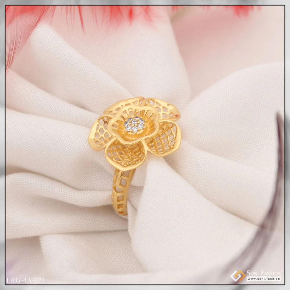 Flower with Diamond Hand-Finished Design Gold Plated Ring for Women - Style LRG-123 - Image 3