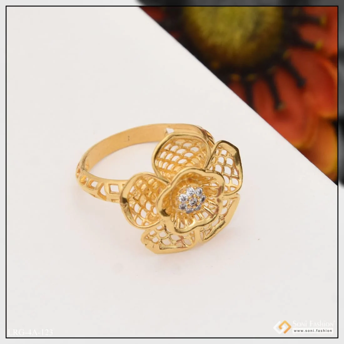 Flower with Diamond Hand-Finished Design Gold Plated Ring for Women - Style LRG-123 - Image 4