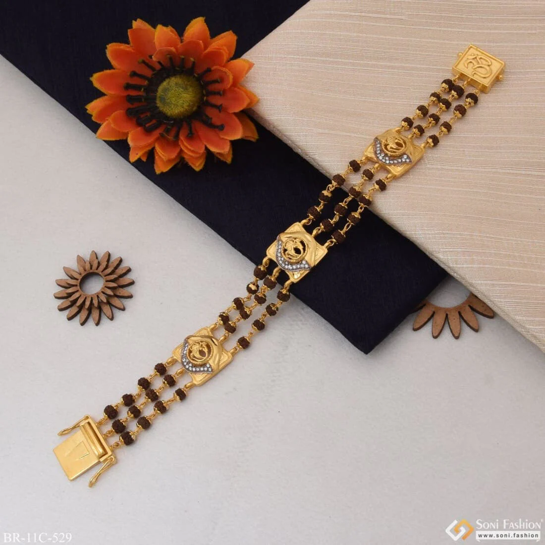 Ganesh with Diamond Best Quality Gold Plated Rudraksha Bracelet for Men - Style C529 - Image 2