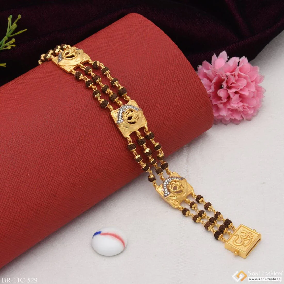 Ganesh with Diamond Best Quality Gold Plated Rudraksha Bracelet for Men - Style C529 - Image 3