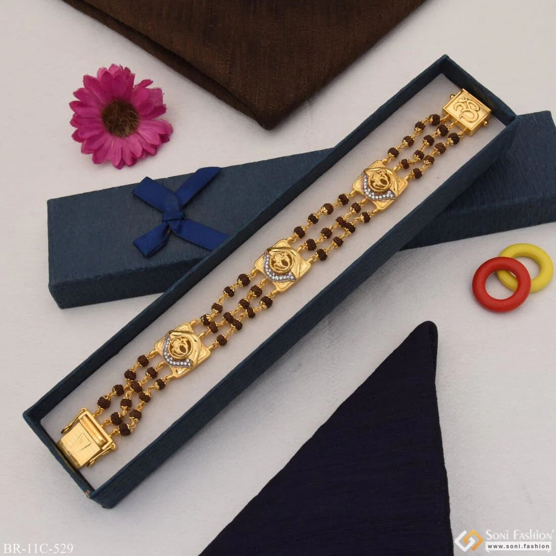 Ganesh with Diamond Best Quality Gold Plated Rudraksha Bracelet for Men - Style C529 - Image 4