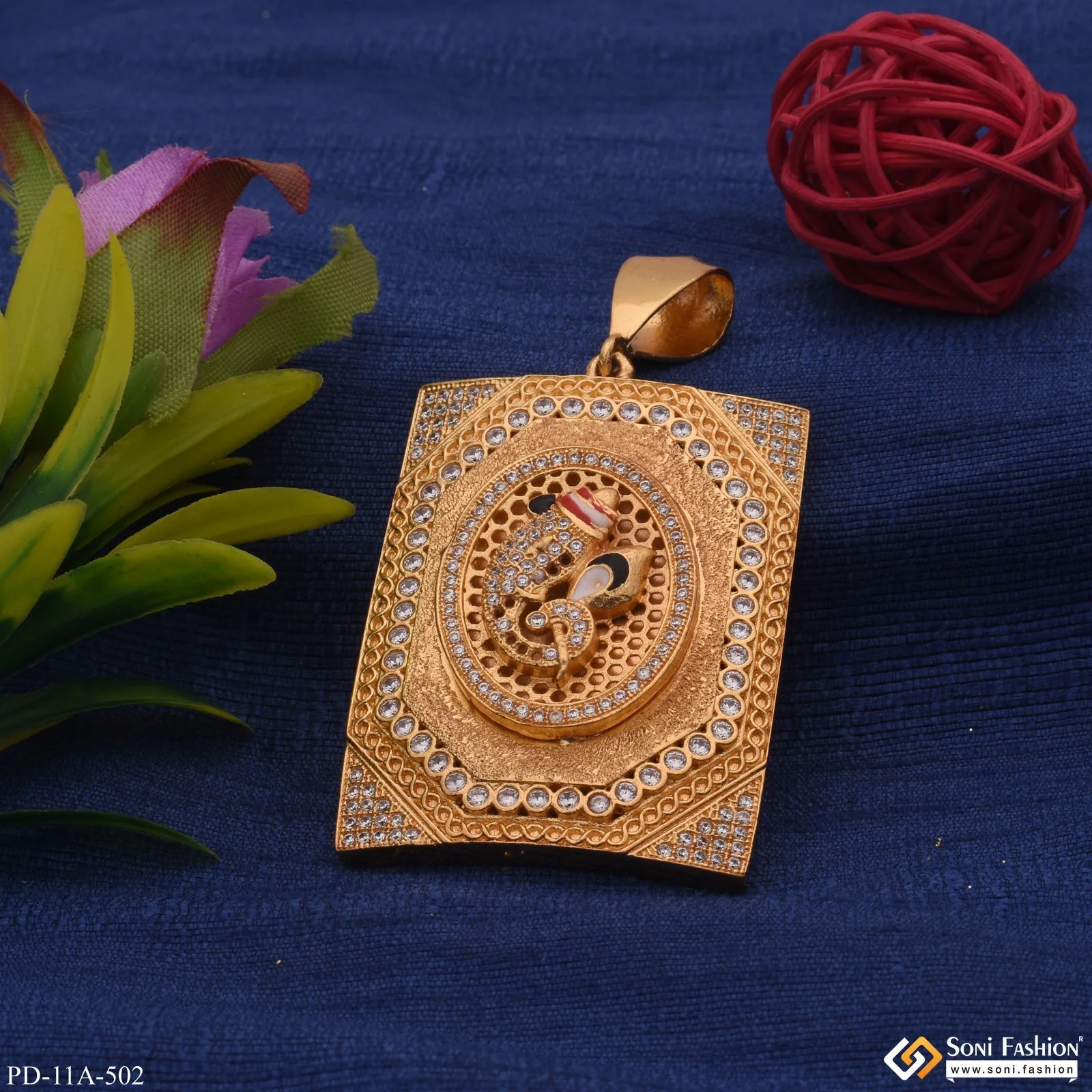 Ganesha in Round With Diamond Rectangle Gold Plated Pendant For Men - Style A502 - Image 2