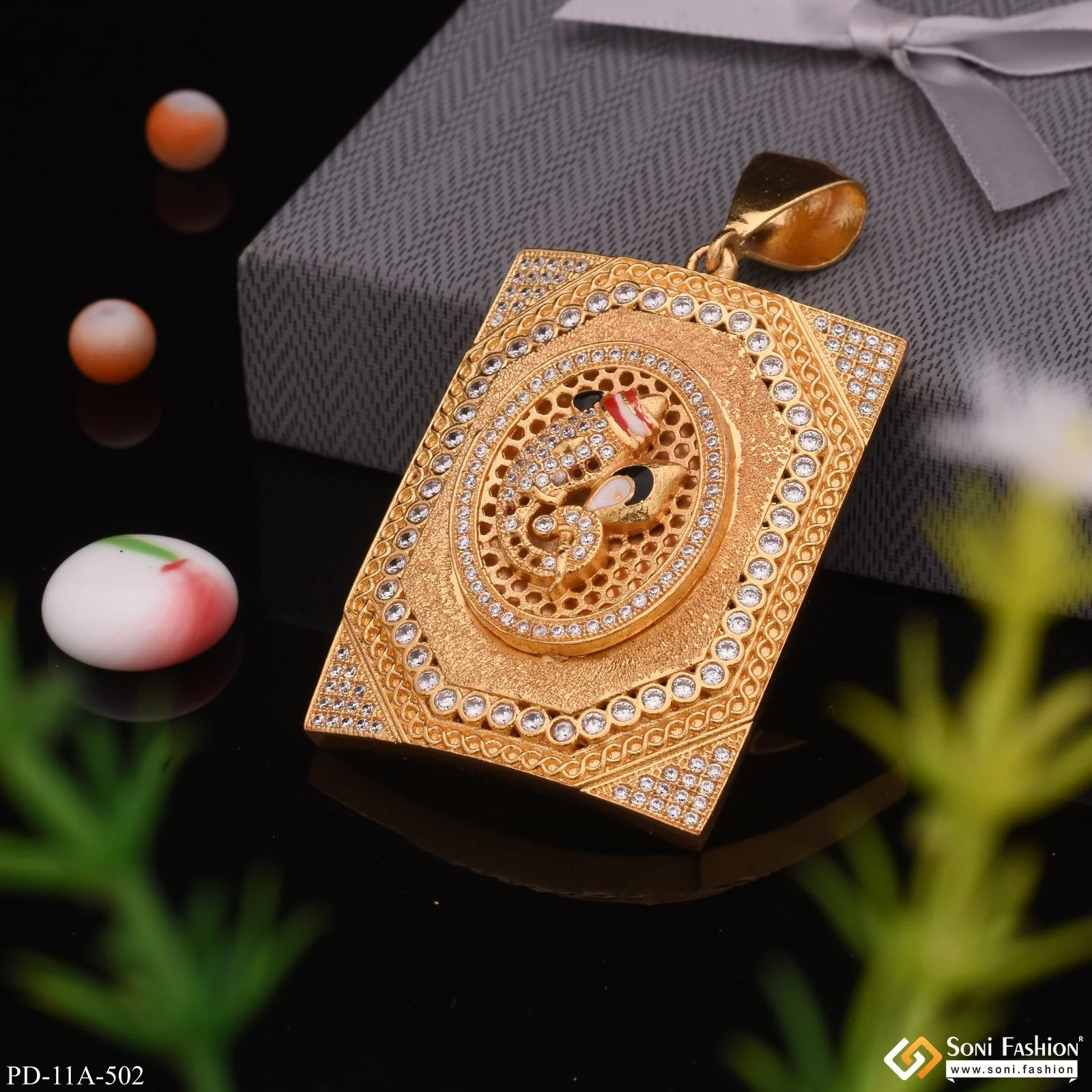 Ganesha in Round With Diamond Rectangle Gold Plated Pendant For Men - Style A502 - Image 3