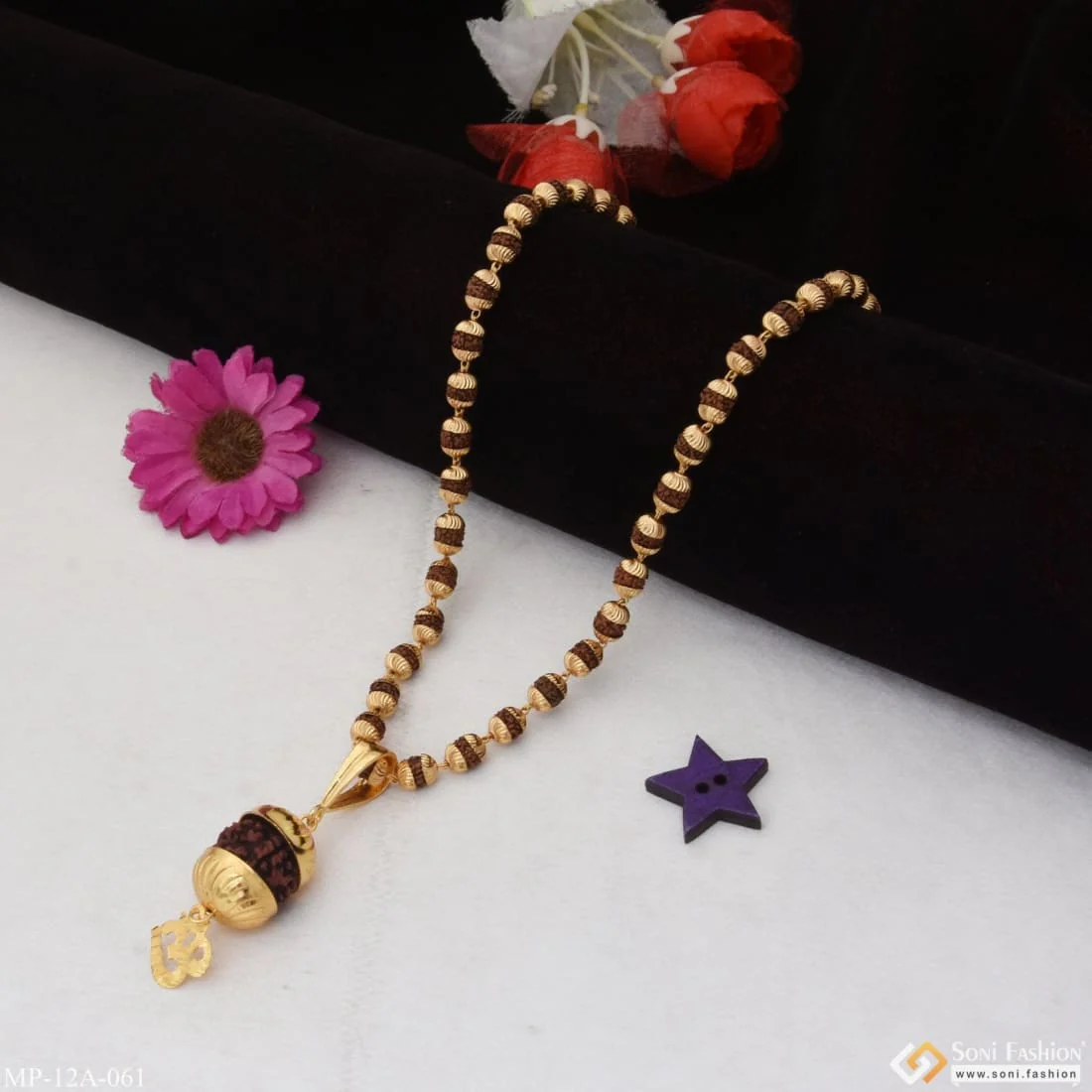Om Glamorous Design Gold Plated Rudraksha Mala With Pendant For Men - Style A061 - Image 4