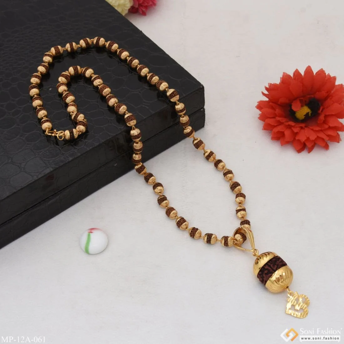 Om Glamorous Design Gold Plated Rudraksha Mala With Pendant For Men - Style A061 - Image 5