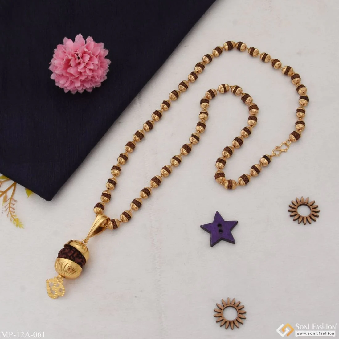 Om Glamorous Design Gold Plated Rudraksha Mala With Pendant For Men - Style A061 - Image 6