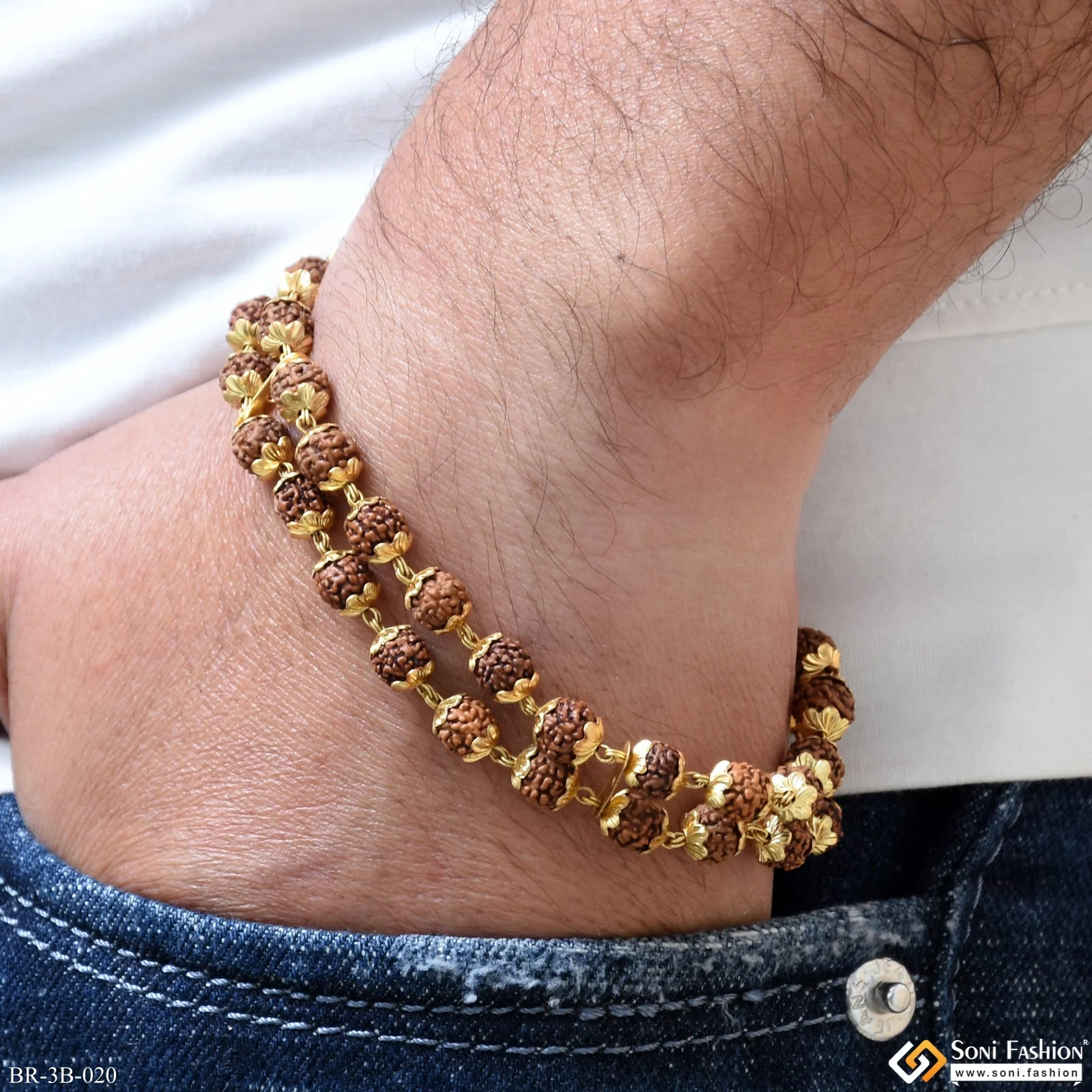 Glittering Design 2 Line Rudraksha Gold Plated Bracelet for Men - Style B020