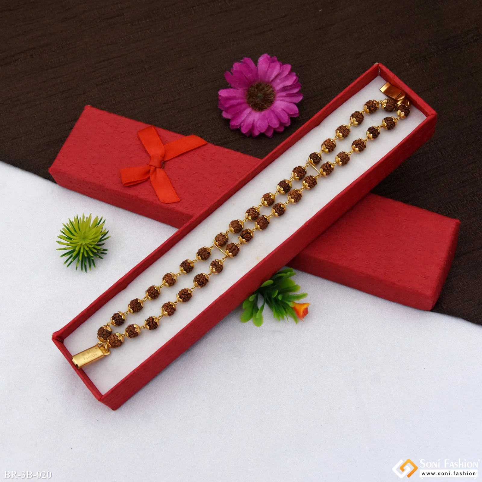 Glittering Design 2 Line Rudraksha Gold Plated Bracelet for Men - Style B020 - Image 2