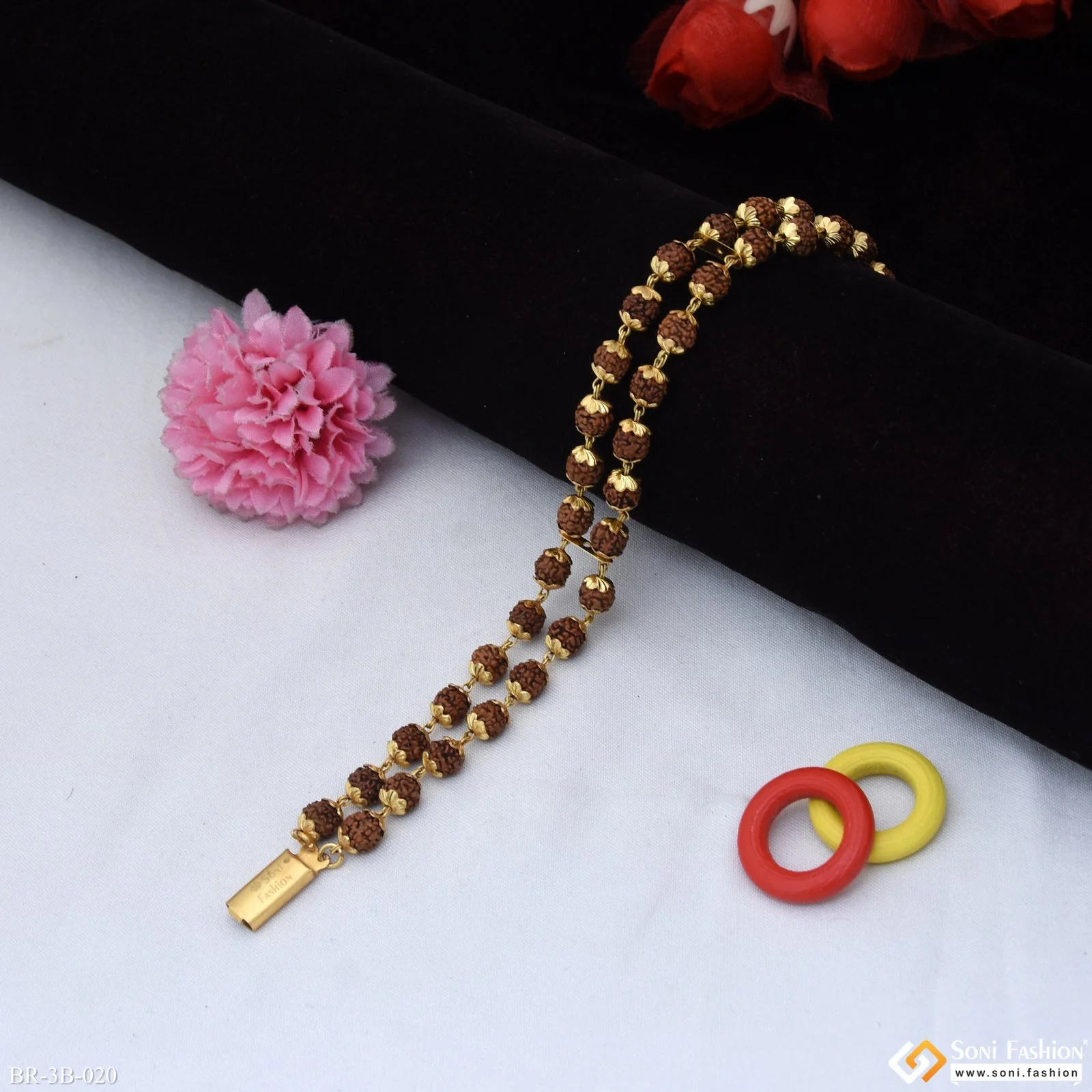 Glittering Design 2 Line Rudraksha Gold Plated Bracelet for Men - Style B020 - Image 3