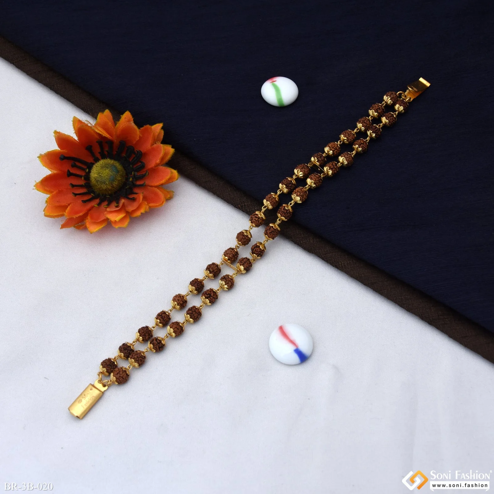 Glittering Design 2 Line Rudraksha Gold Plated Bracelet for Men - Style B020 - Image 4