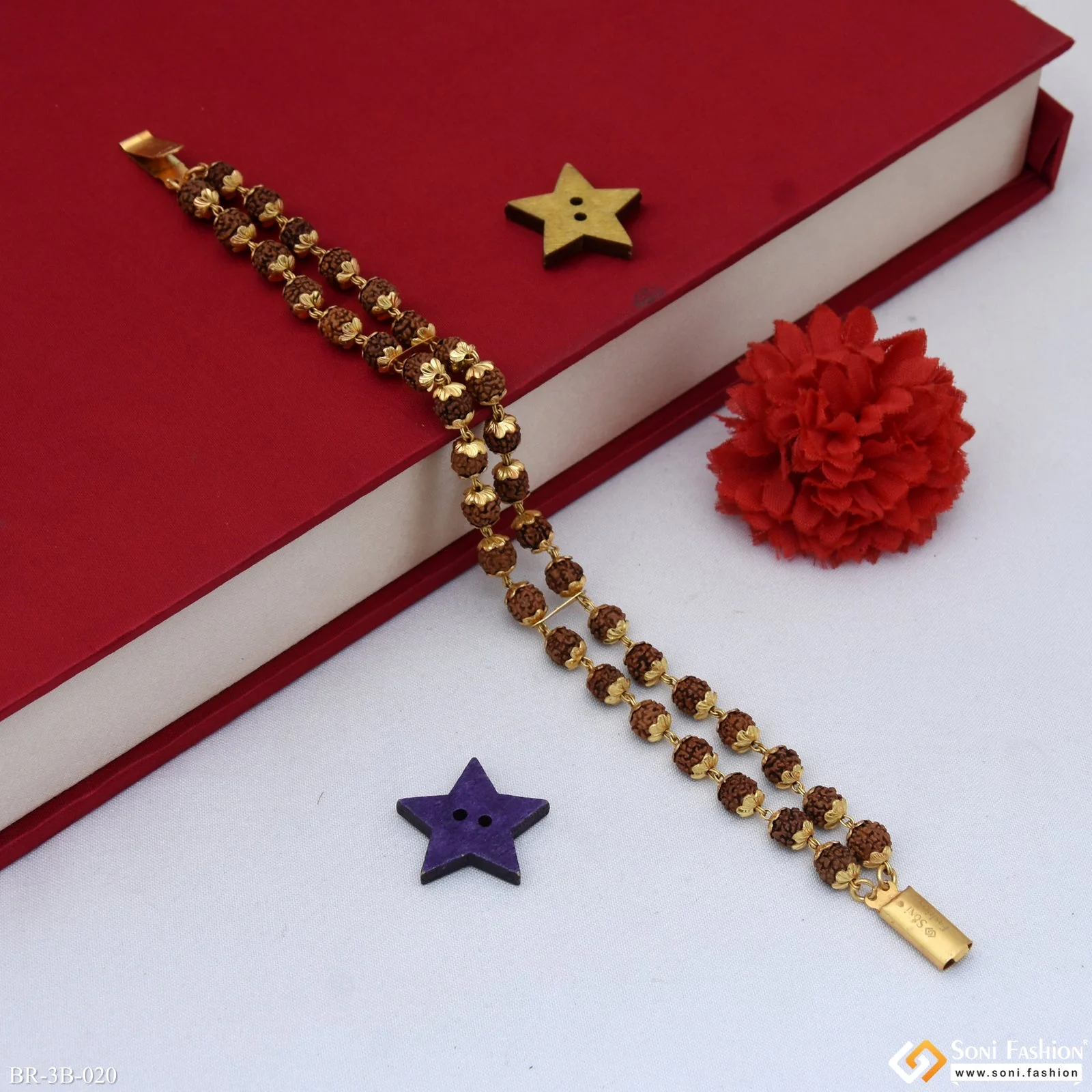 Glittering Design 2 Line Rudraksha Gold Plated Bracelet for Men - Style B020 - Image 5