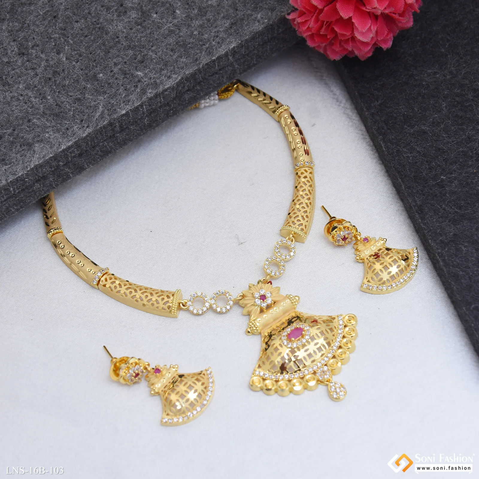 Glittering Design Gold Plated Necklace Set for Women - Style B103 - Image 3