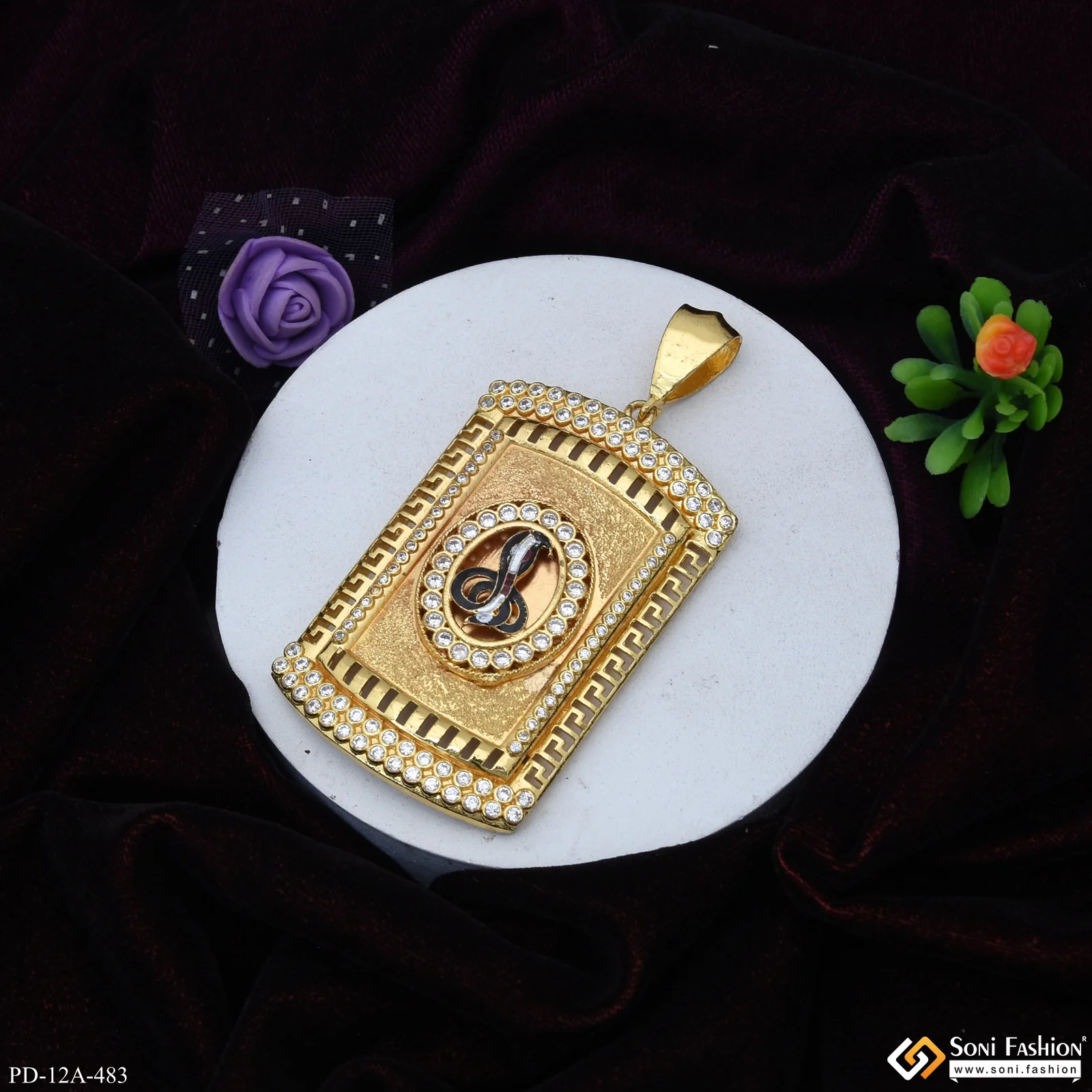 Goga Maharaj Gold Plated Round And Rectangle Pendant With Diamond Texture Background - Style A483