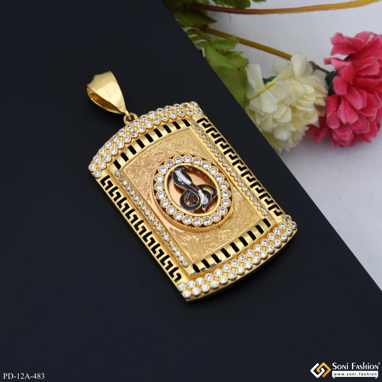 Goga Maharaj Gold Plated Round And Rectangle Pendant With Diamond Texture Background - Style A483 - Image 3