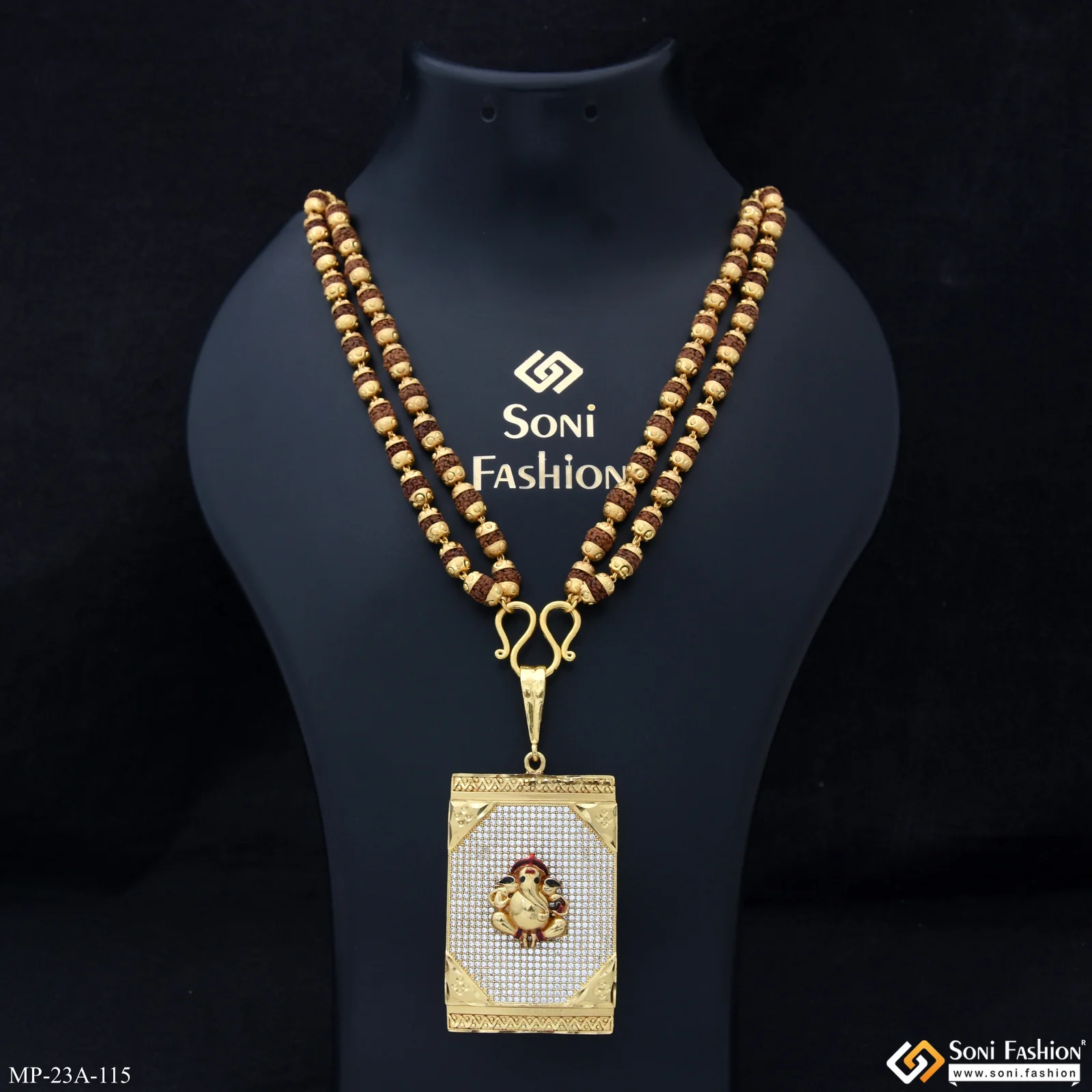 Gold Plated Ganesha Pendant With Rudraksha Mala For Men - Style A115