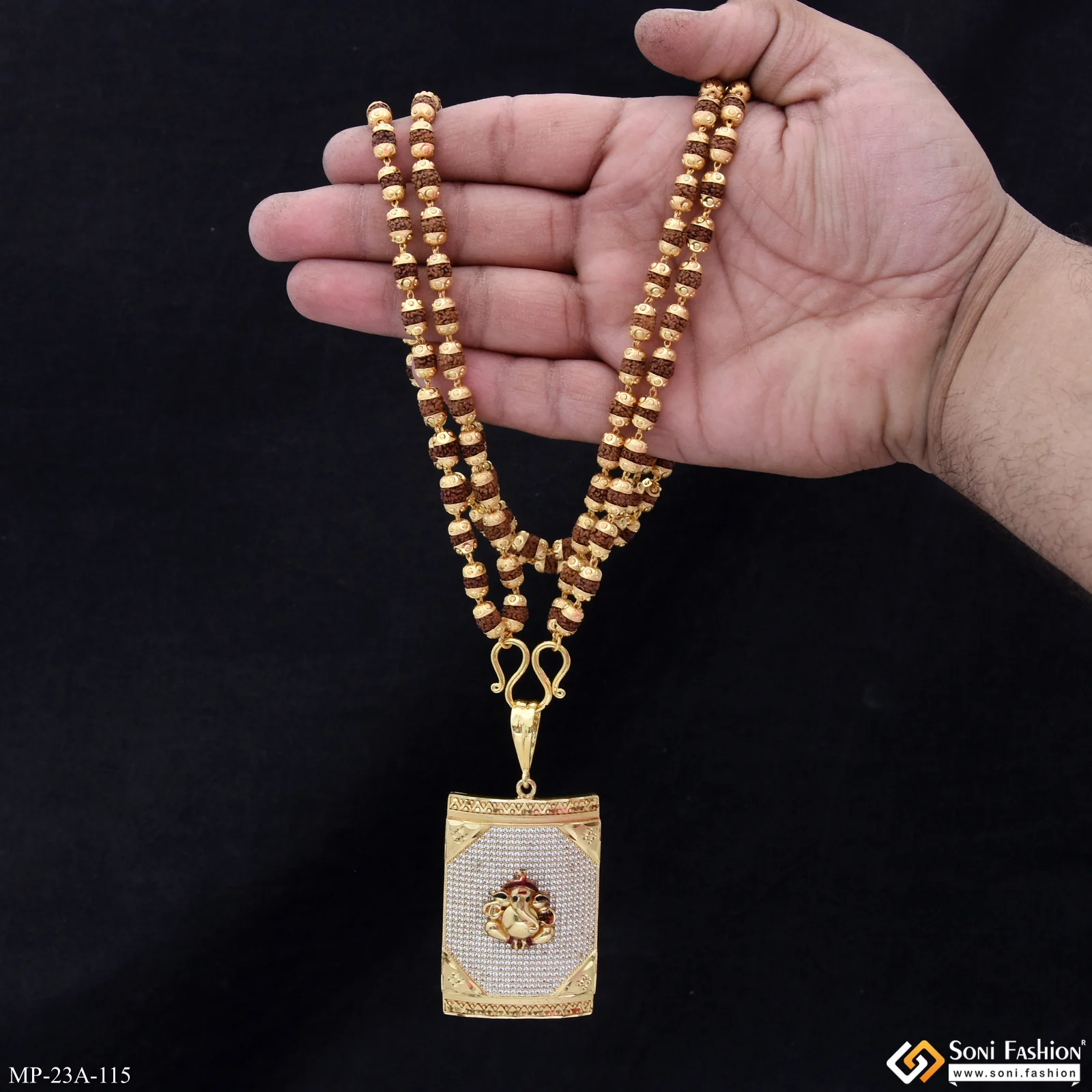 Gold Plated Ganesha Pendant With Rudraksha Mala For Men - Style A115 - Image 2