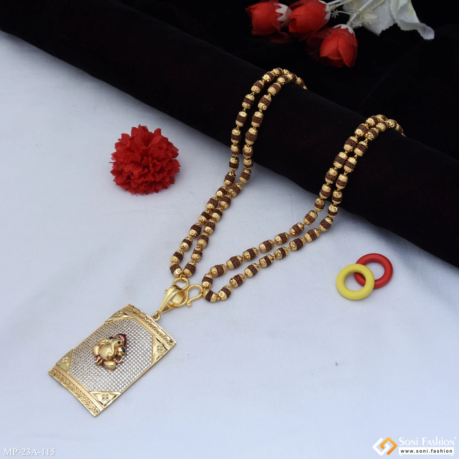 Gold Plated Ganesha Pendant With Rudraksha Mala For Men - Style A115 - Image 3