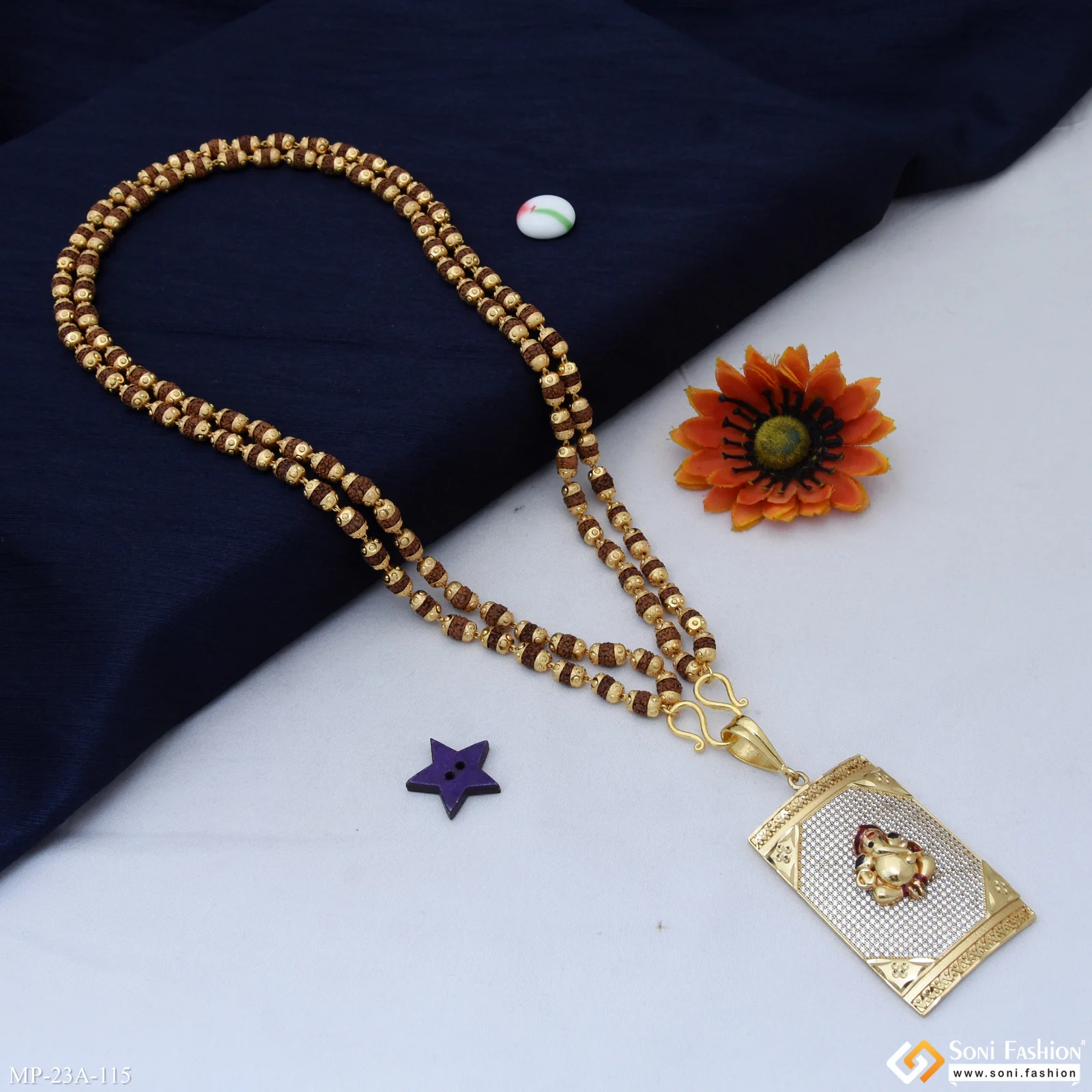 Gold Plated Ganesha Pendant With Rudraksha Mala For Men - Style A115 - Image 4