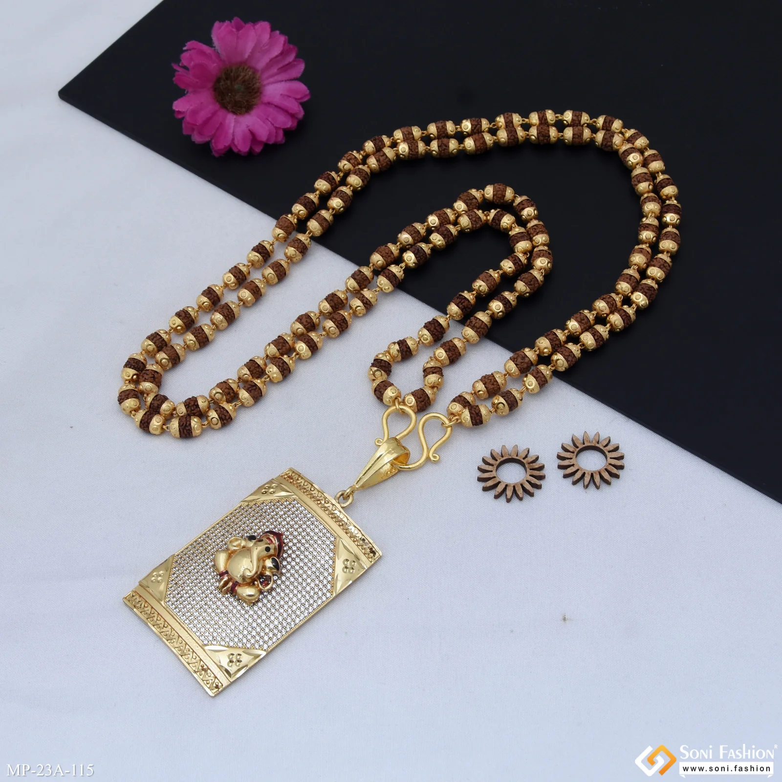 Gold Plated Ganesha Pendant With Rudraksha Mala For Men - Style A115 - Image 5