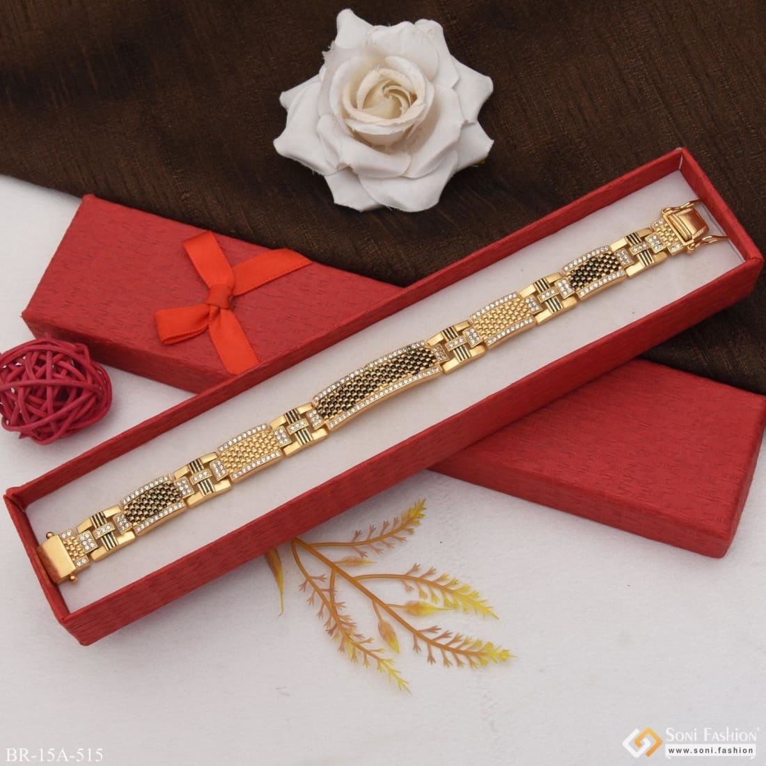 Gold Plated Gorgeous Design Bracelet with Black Background and Diamonds - Style A515 - Image 2