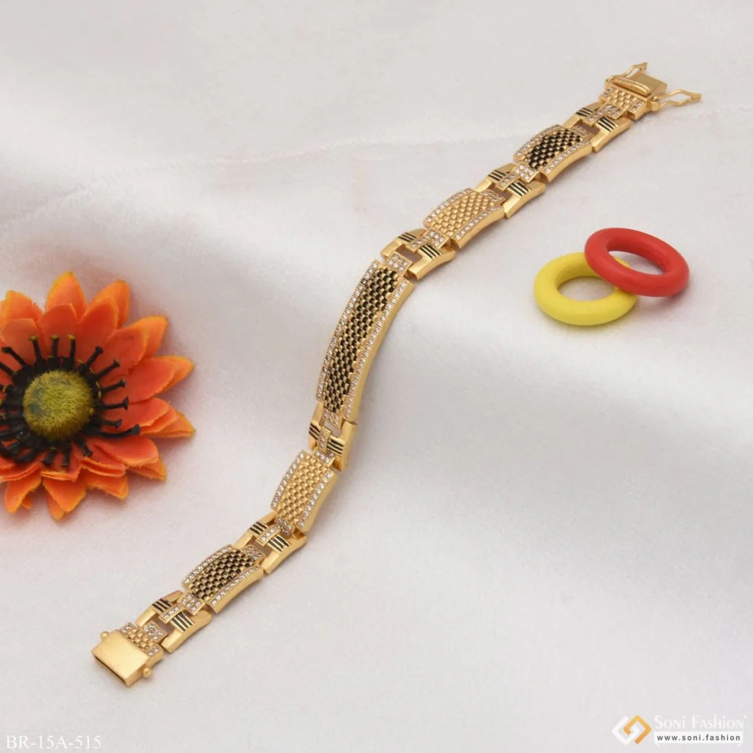 Gold Plated Gorgeous Design Bracelet with Black Background and Diamonds - Style A515 - Image 3