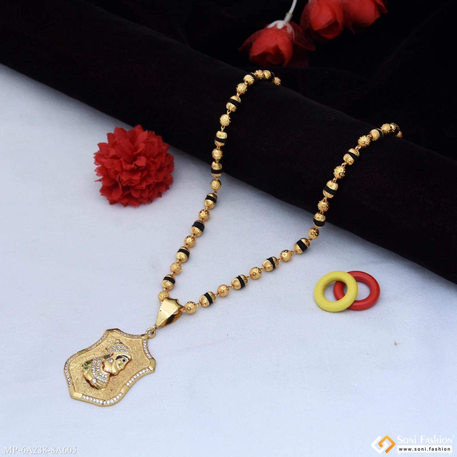 Gold Plated Shivaji Maharaj Pendant With Rudraksha Mala For Men (MP-A238-A605) - Image 3