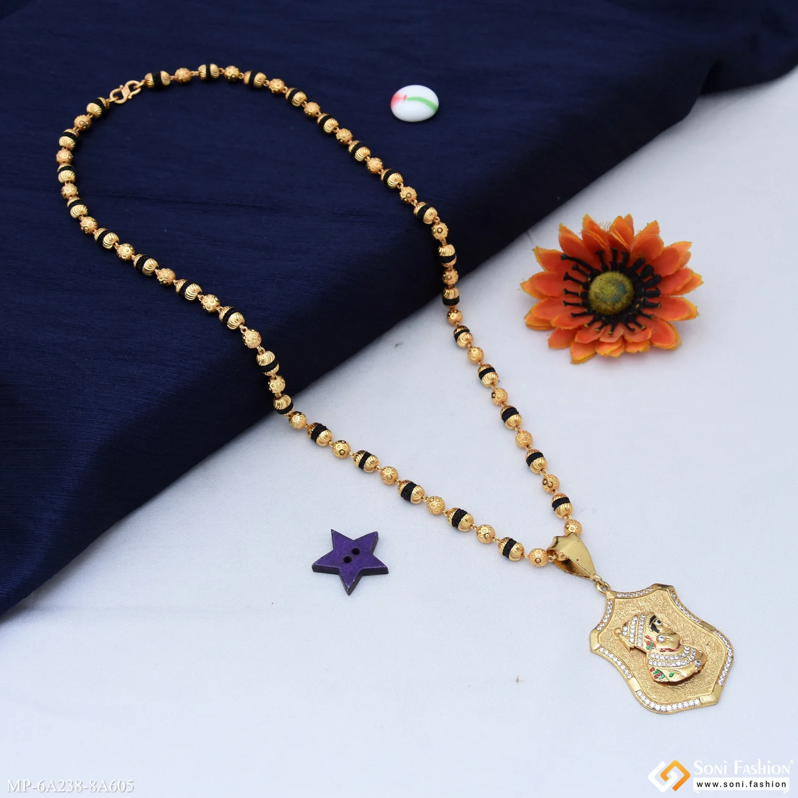 Gold Plated Shivaji Maharaj Pendant With Rudraksha Mala For Men (MP-A238-A605) - Image 4