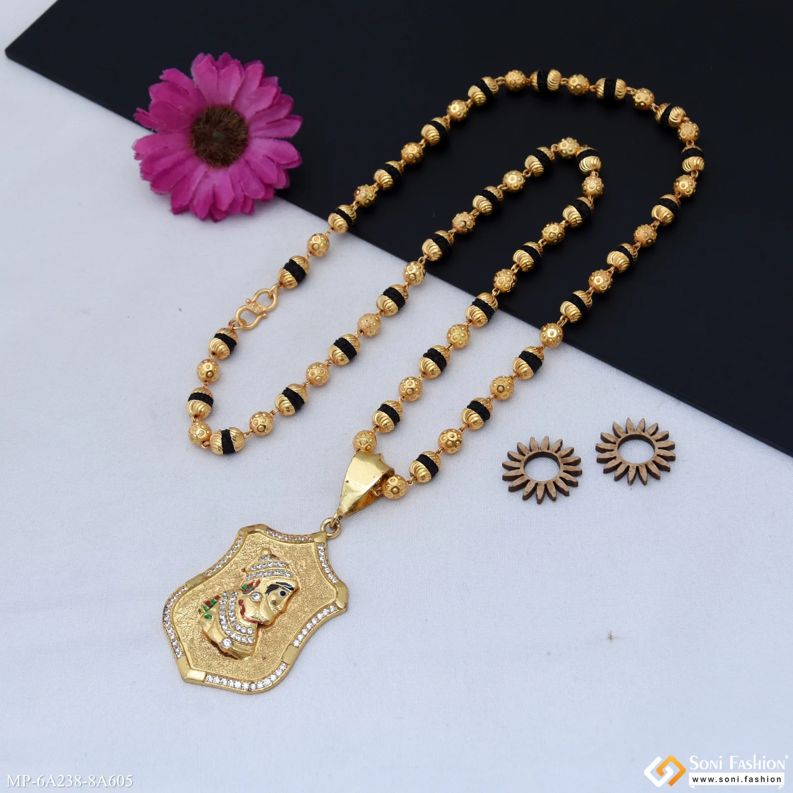 Gold Plated Shivaji Maharaj Pendant With Rudraksha Mala For Men (MP-A238-A605) - Image 5