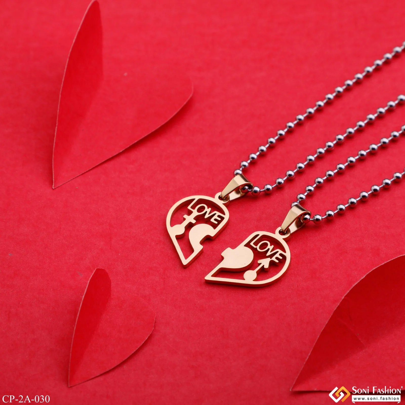 Golden 2 Half Heart His And Her Lover Couple Chain With Pendant Set (2 Pieces) - Style A030 - Image 2