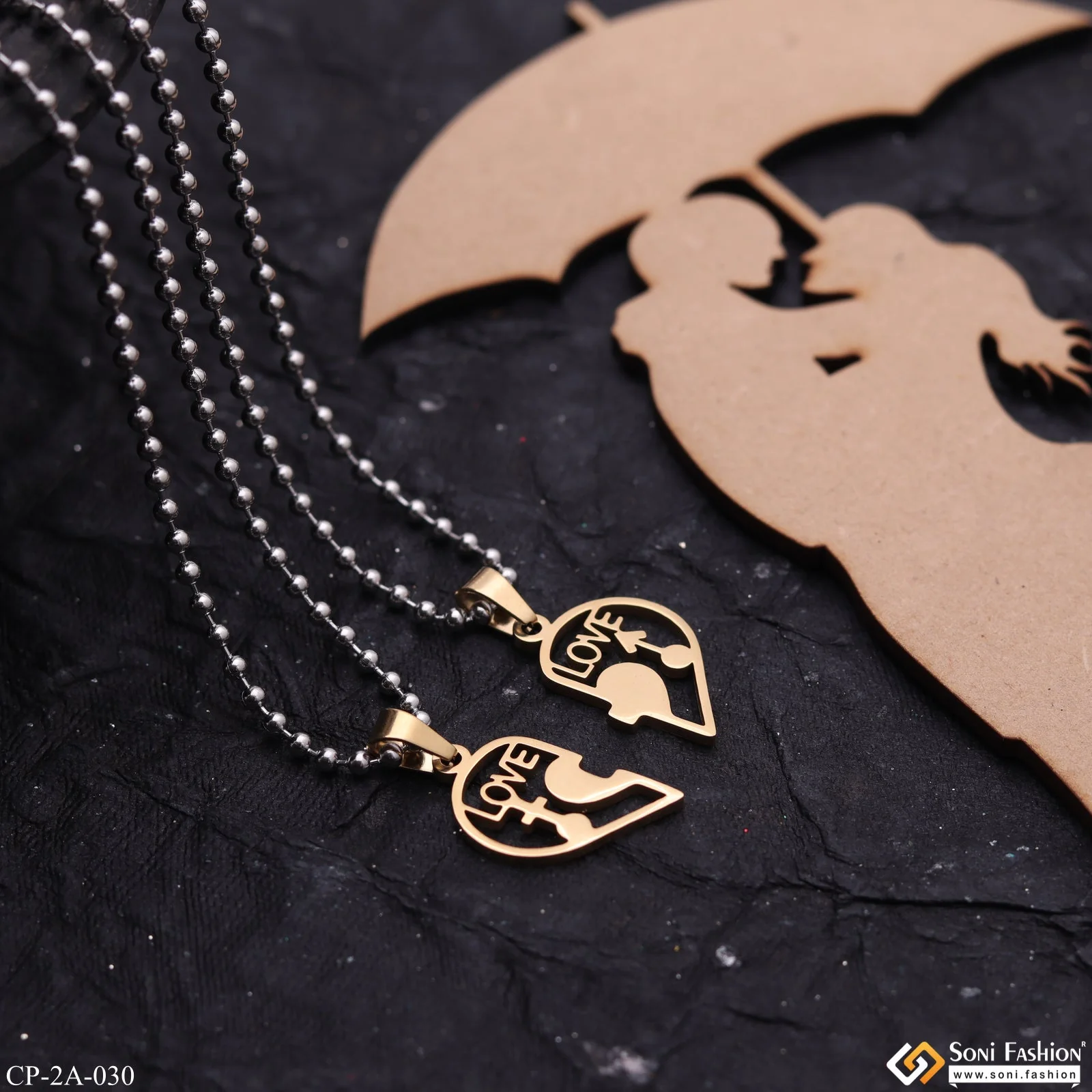Golden 2 Half Heart His And Her Lover Couple Chain With Pendant Set (2 Pieces) - Style A030 - Image 3